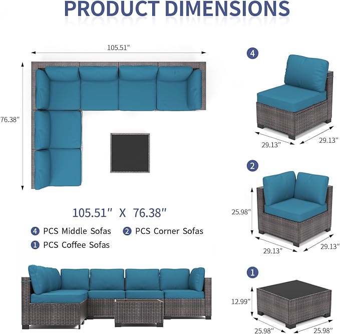 GAOMON 7 Pieces Outdoor Patio Furniture Sets, Rattan Conversation Set with Sectional Sofa, Chairs and Coffee Table, Waterproof Patio Conversation Sets (Brown & Peacock Blue)
