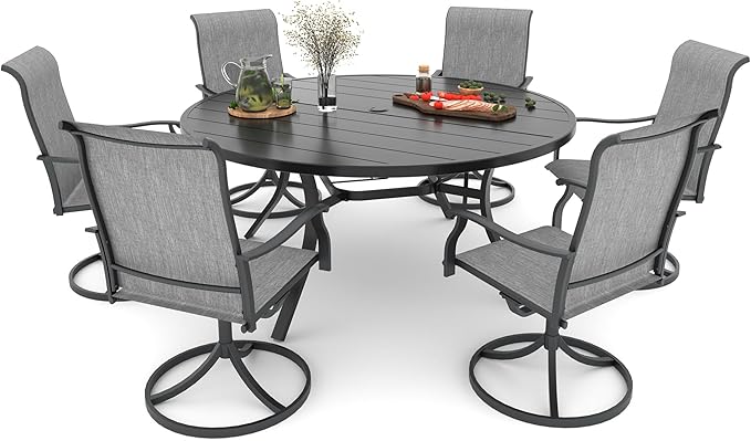 Anmutig 7 Piece Grey Textilene Patio Swivel Rocker Chairs and 54 inch Round Table Furniture Set for Garden, Lawn - Style1