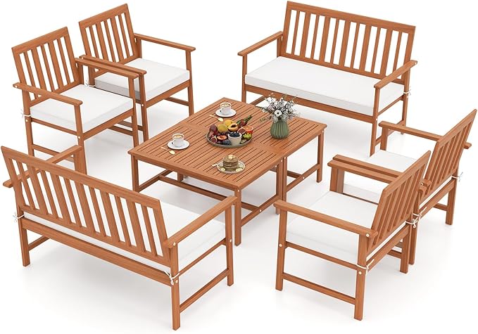 Tangkula 8-Piece Acacia Wood Patio Conversation Set, Outdoor Furniture Set with 2 Armchairs, Loveseat, Coffee Table, Soft Cushions, Slatted Sofa and Chairs Set for Deck, Backyard (Off White,2)