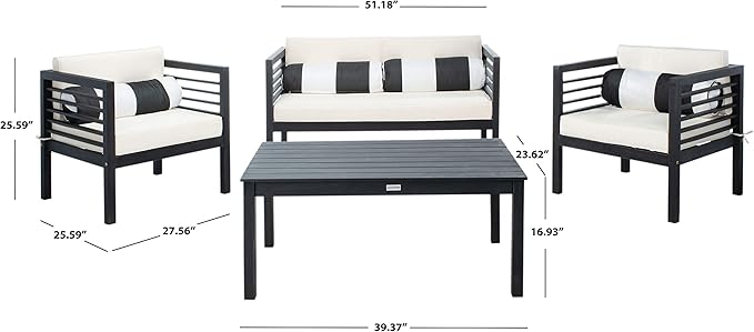 SAFAVIEH Outdoor Collection Alda Black/ Beige Cushions/ Striped Bolster Pillows 4-Piece Conversation Patio Set