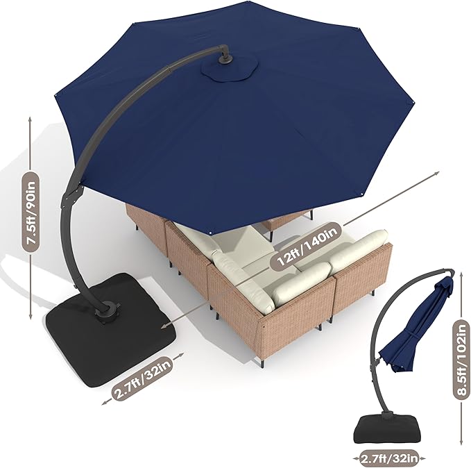 ENSTVER 12FT Cantilever Patio Umbrella With Base Included, Round Large Aluminum Outdoor Cantilever, Heavy Duty Offset Umbrella with 360°Rotation for Pool, Deck, Backyard, Garden(Navy Blue)