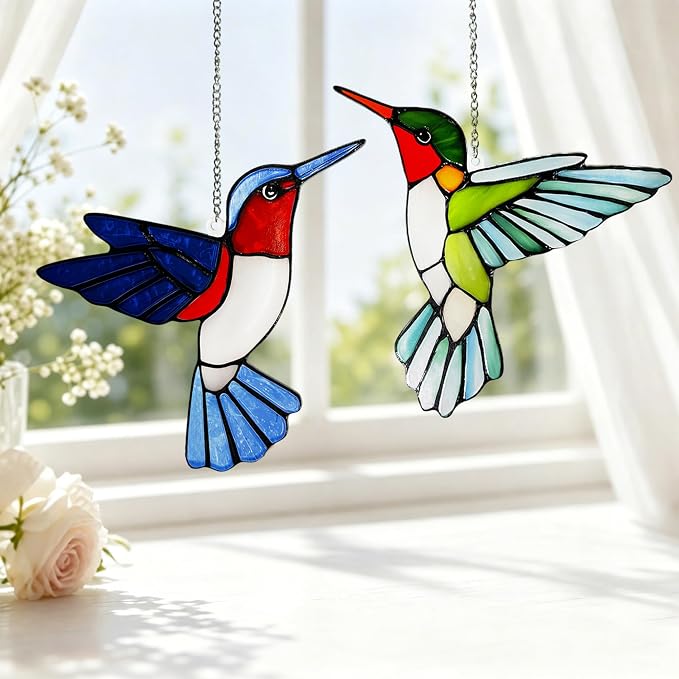 Hummingbirds Suncatcher Stained Glass, Hummingbird Suncatcher Ornament, Hummingbird Suncatcher for Grandma/Mom/Women (Blue)