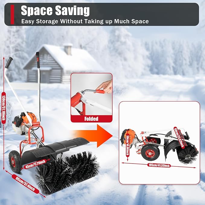Gasoline Power Sweeper, 52CC 2-Stroke Double Handle Gas Powered Walk Snow Plow with Nylon Brush Sweeping Broom Hand Held Driveway Turf Cleaning for Artificial Grass Power Brush Lawn