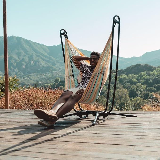 Handwoven Hammock & Charcoal Vista Stand by Yellow Leaf Hammocks - Hanging Chair, Fits 1 Person, 330lb max - Weathersafe, Easy to Hang & Setup, Ultra Soft, Artisan Made - Hammock Color: Red & Orange