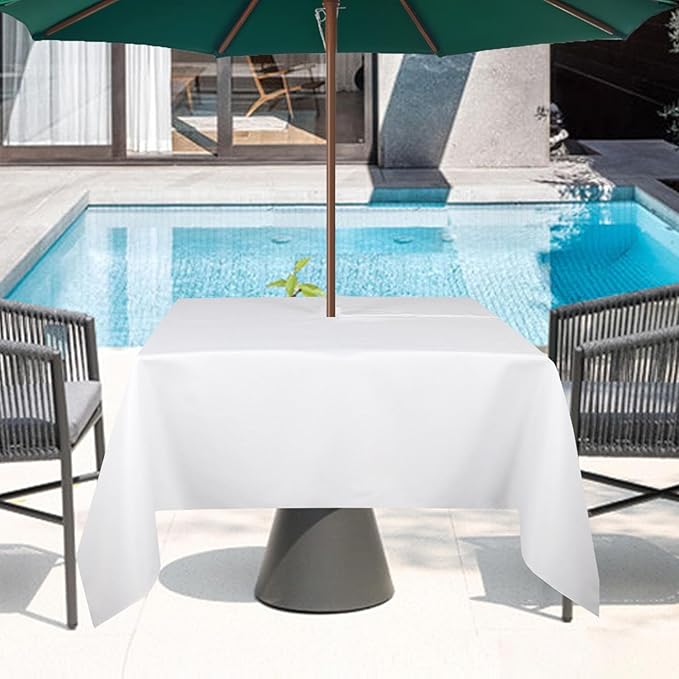 Outdoor Tablecloth Wrinkle-Free Stain Resistant Waterproof Polyester Fabric Table Cover with Zipper Umbrella Hole for Picnic/Party/Dinner/Patio Garden(60×60inch Square,Zippered,White)