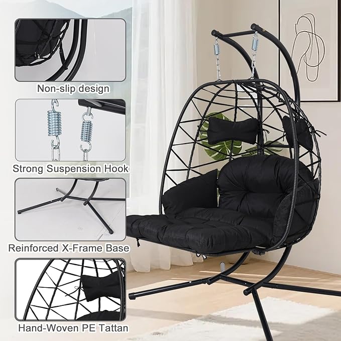 Double Egg Hammock Chair with Stand, Swing Egg Chair, Wicker Hanging Chair with Washable Cushion - Sturdy Metal Stand, 600lbs Capacity for Indoor Outdoor Patio Living Room Etc (Black+Black)