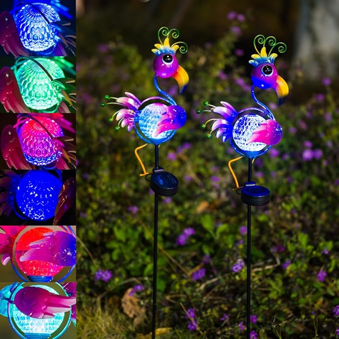 2 Pack Outdoor Solar Lights, Peacock Pathway Lights Solar Powered Global Yard Ornaments Waterproof Landscape Lighting for Garden, Porch Decor