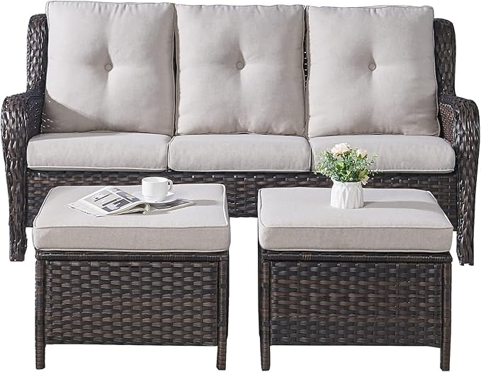 Rilyson 3 Piece Wicker Patio Furniture Set - Outdoor Rattan Patio Comversation Set with 1 Sofa and 2 Ottomans for Outside Porch Deck Garden(Brown/Beige)