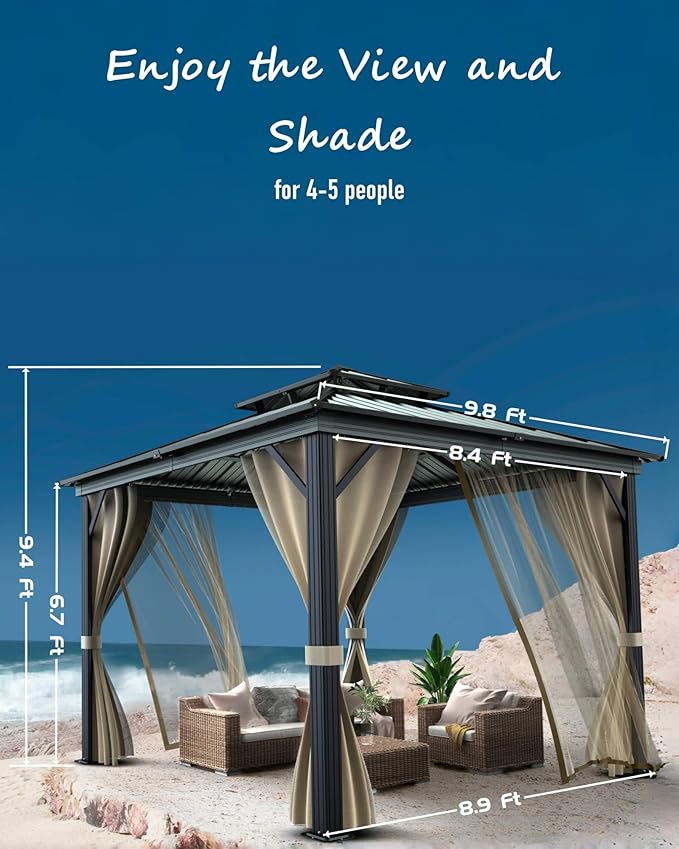 10 X10 ft Hardtop Gazebo, Galvanized Steel Double Roof with Curtains and Netting, Aluminum Frame Patio Gazebo for Patio, Garden and Lawn