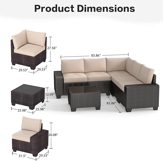 6 Pieces Patio Furniture Set, Outdoor Sectional Set of 6 w/Wide Armrest, Waterproof Wicker Conversation Set for Backyard, Deck, Beige