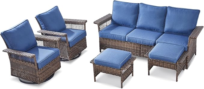 Patio Furniture Set 2 Wicker Swivel Glider Chairs 2 PE Rattan Ottomans with Patio PE Rattan Sofa Brown Wicker Blue Cushions Patio Conversation Set 5pcs for Garden Balcony Backyard