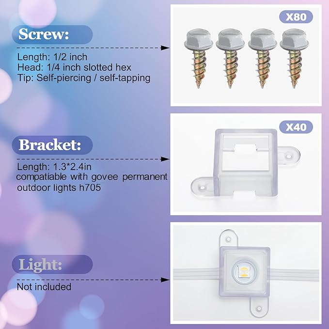 Beeveer 40 Light Clips for Govee H705 H805 with 80 Screws Mounting Clips Compatible with Govee Permanent Outdoor Lights Extension(Clear)