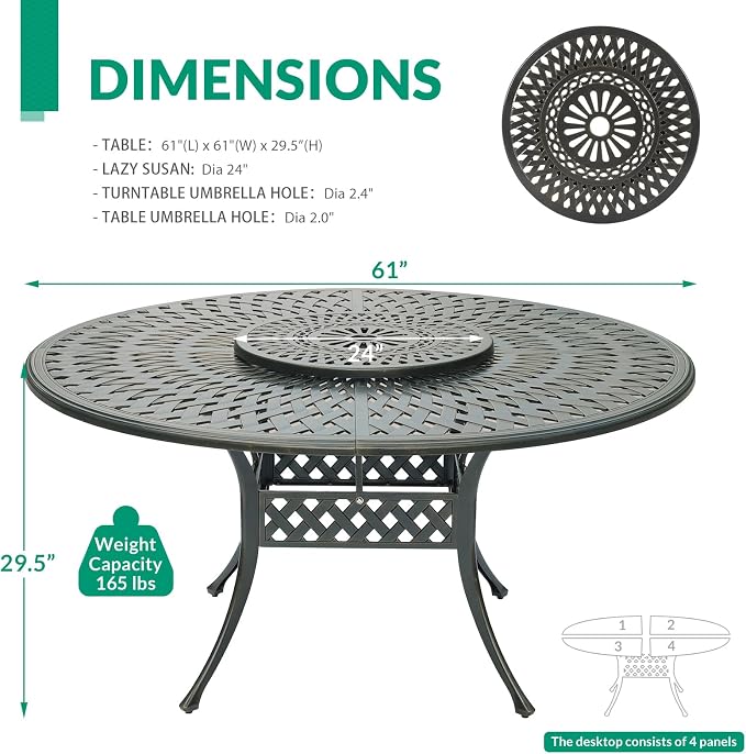 VIVIJASON Outdoor 61" Patio Dining Table for 6-8 Person, Patio Round Dining Table with 24" Lazy Susan, Cast Aluminum Rustic Patio Table W/Umbrella Hole for Balcony, Porch and Deck, Dark Bronze