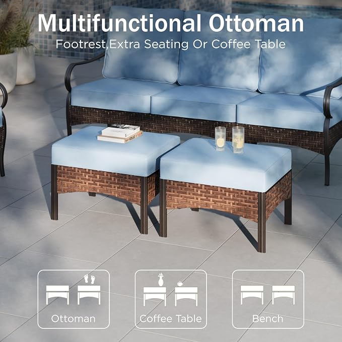 PHI VILLA Patio Furniture Set, Extra Large Wicker & Metal Outdoor Conversation Set Patio Sectional Sofa Set with Waterproof Thick Cushions for Porch, Poolside, Deck(7 Pieces, Blue)