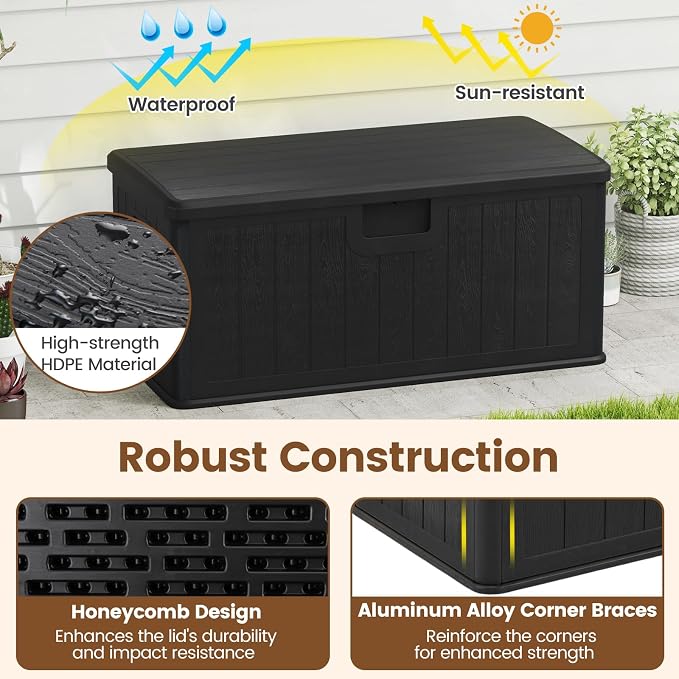 Giantex 100 Gallon Deck Box, Waterproof Resin Box with Lockable Lid, 440Lbs Outdoor HDPE Storage Container Bench for Patio Furniture Cushions, Pool Tools & Garden Accessories (Black)