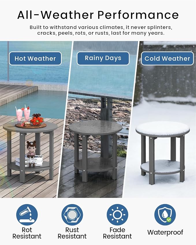 HDPE Round Outdoor Side Table, 18.1-Inch Weatherproof Small Outdoor Table for Adirondack, 2-Tier Patio End Table for Garden Backyard Porch Deck Balcony Poolside (Grey)