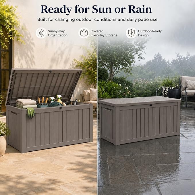 182 Gallon Outdoor Deck Storage Box, Large Waterproof Resin Patio Storage Box, Lockable Bench Seat Holds 2 Adults, for Garden Tools, Cushions & Pool Floats, UV & Rust Resistant, Gray Brown