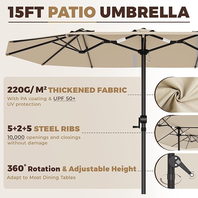 GDPFN 15FT Large Patio Umbrella, Outdoor Deck Standing Umbrella with Crank Handle, Double-Side Rectangular Pool Umbrella for Outside, Market, Patio, Beige (Base Not Include)