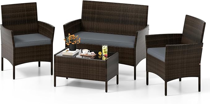 S AFSTAR 4 Pieces Patio Rattan Conversation Set, Patio PE Outdoor Set w/Tempered Glass Coffee Table, Loveseat & Chairs, Zippered Gray Cushions, Wicker Patio Sofa Set for Backyard, Garden & Poolside