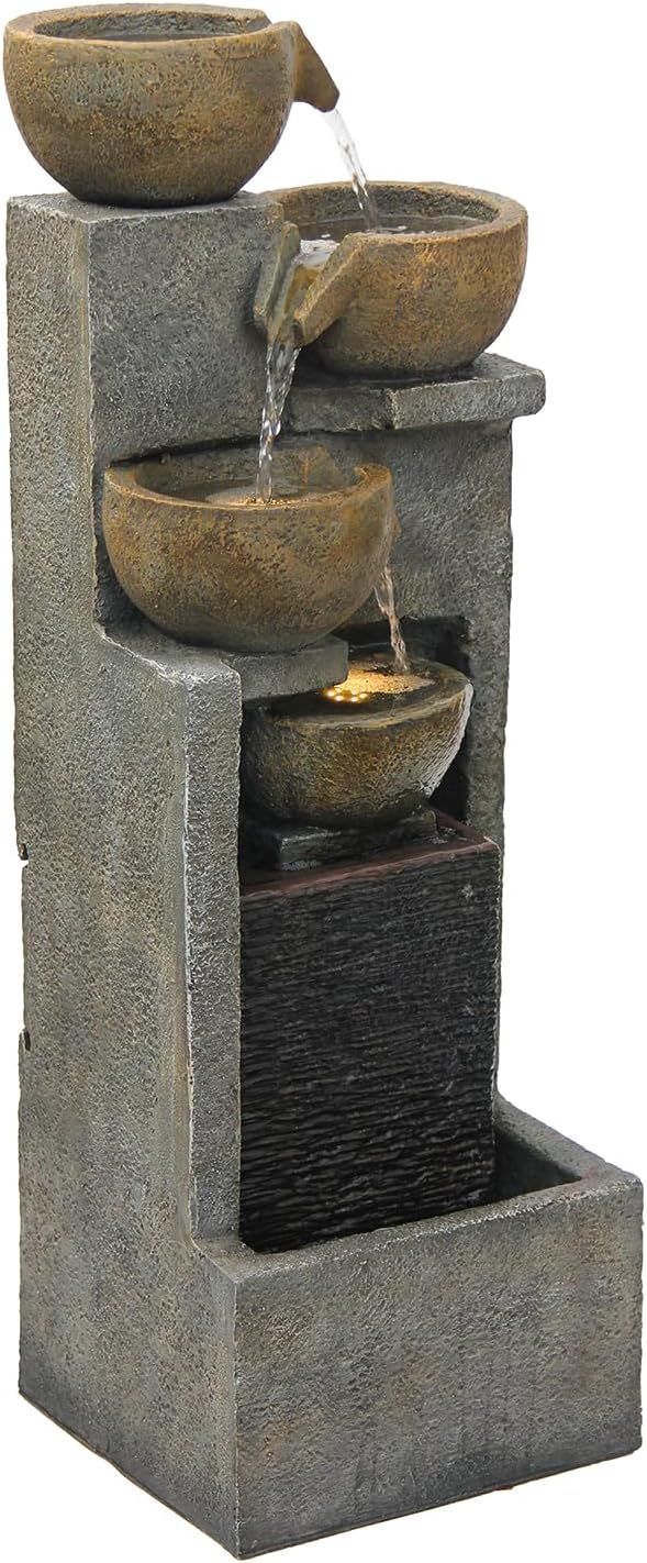 YZM 37.4" H 5-Tier Cascading Bowl Outdoor Water Fountain with LED Lights Freestanding Water Feature for Garden, Patio, Deck and Yard Decor
