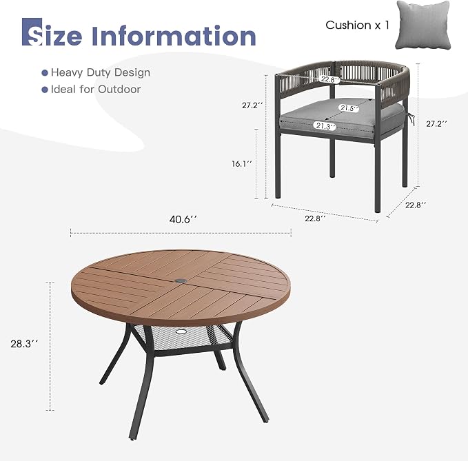 VICLLAX Patio Dining Set, 40.7" Walnut Table & 4 Chairs with Grey Cushion | Outdoor Table and Chairs Set of Round Metal Patio Table, Outdoor Dining Chairs with Metal Frame, Garden Deck Porch