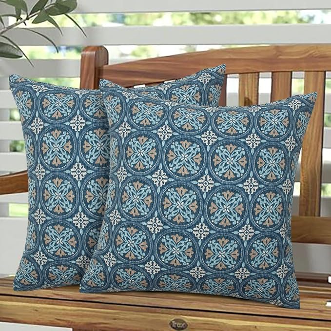 Magpie Fabrcis Pack of 2 Outdoor Waterproof Throw Pillow with Insert 18 x 18 Inch, Christmas Decorative Back Cushion Pad for Garden Patio Tent Balcony Couch Sofa(Morgan Medal Blue)