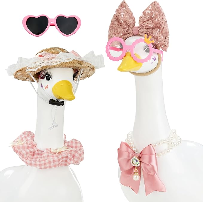 Porch Goose Statue 8pc Accessory Combination Set, Pink Goose Accessories Kit with Glasses Bow Hat Necklace Stickers for 23 Inch Goose, Cute Girl Style Yard Decor (Pink Girl 8PC)