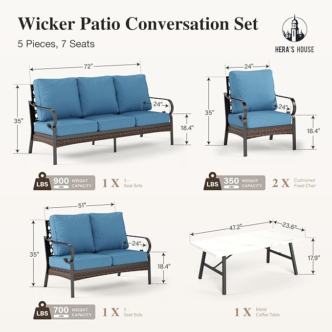 HERA'S HOUSE 5 Piece Metal Patio Furniture Set, 7 Seats All Weather Outdoor Conversation Set, 3 Seat Sofa with Loveseat, 2 Fixed Chairs, Coffee Table for Backyard, Garden, Deck, Navy Blue