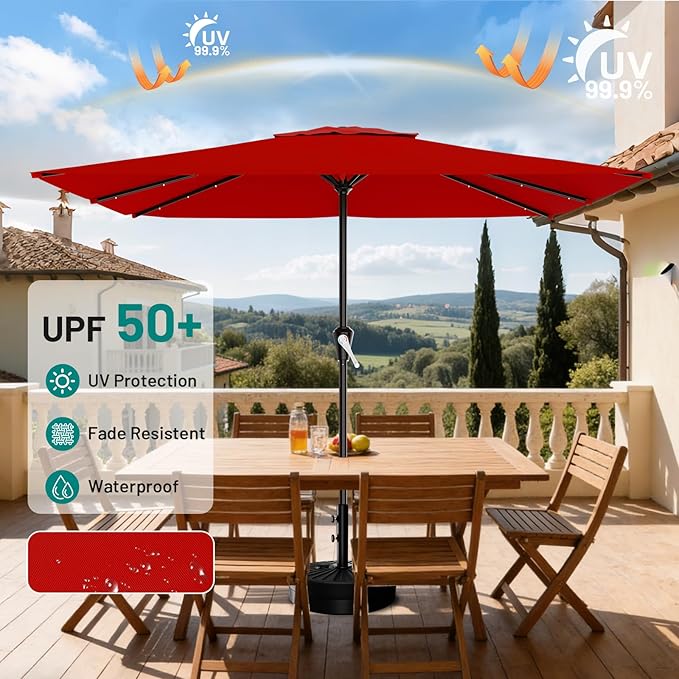 AreShark 8' X 10' Rectangular Patio Umbrella with Solar Lights, Lighted Solar Umbrella with Crank, Outdoor Table Umbrella for Garden, Deck, Backyard, Pool and Beach, Red