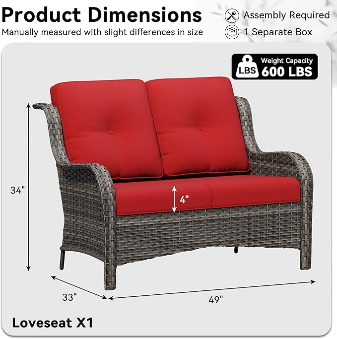 Wicker Patio Loveseat, 2 Seat Outdoor Couch with Thickened Olefin Cushions, High Back and Deep Seating, Hand-Woven PE Rattan for Porch, Deck, Balcony