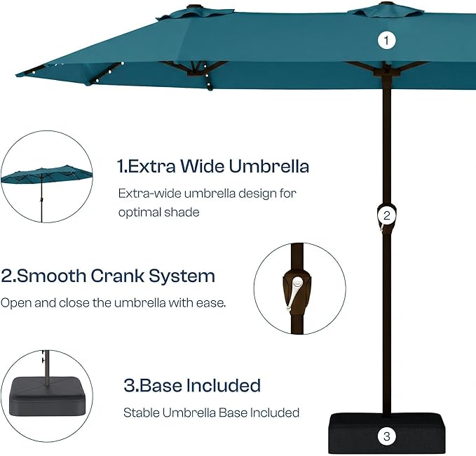15FT Patio Umbrella with Solar Lights, Double-Sided Extra Large Outdoor Table Umbrella with Base Included, Heavy-Duty 12 Iron Ribs Market Umbrella for Garden, Pool, Backyard, Lake Blue