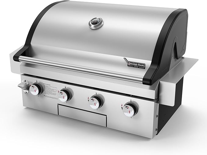Brand-Man Gas Grill Built-In Head, 30-Inch 4-Burner Propane Grill, Natural Gas Convertible, Heavy Duty 304 Stainless Steel 40,000BTUs BBQ Island Outdoor Kitchen