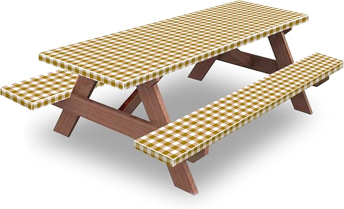 KENOBEE 8ft Picnic Table and Bench Cover, Camping Essentials RV Gear, 96 in Waterproof Windproof Outdoor Elastic All Around Tablecloth, Fitted Rectangle Tables and Seats, Coffee-White Checkered