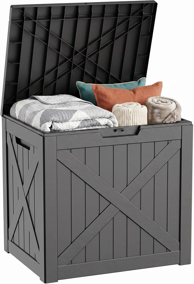 32 Gallon Deck Box, Waterproof Outdoor Storage Boxes For Garden Tools,Indoor Cushions,Accessories Outside Storage Resin Lockable Weatherproof Container(Black)