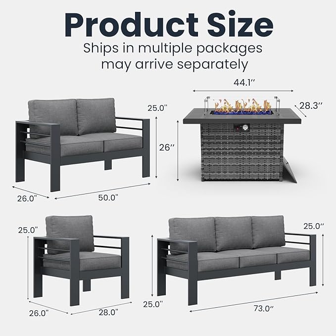 5 Pieces Modern Aluminum Patio Furniture Set with Fire Pit Table, Outdoor Conversation Sets Metal Sectional Sofa