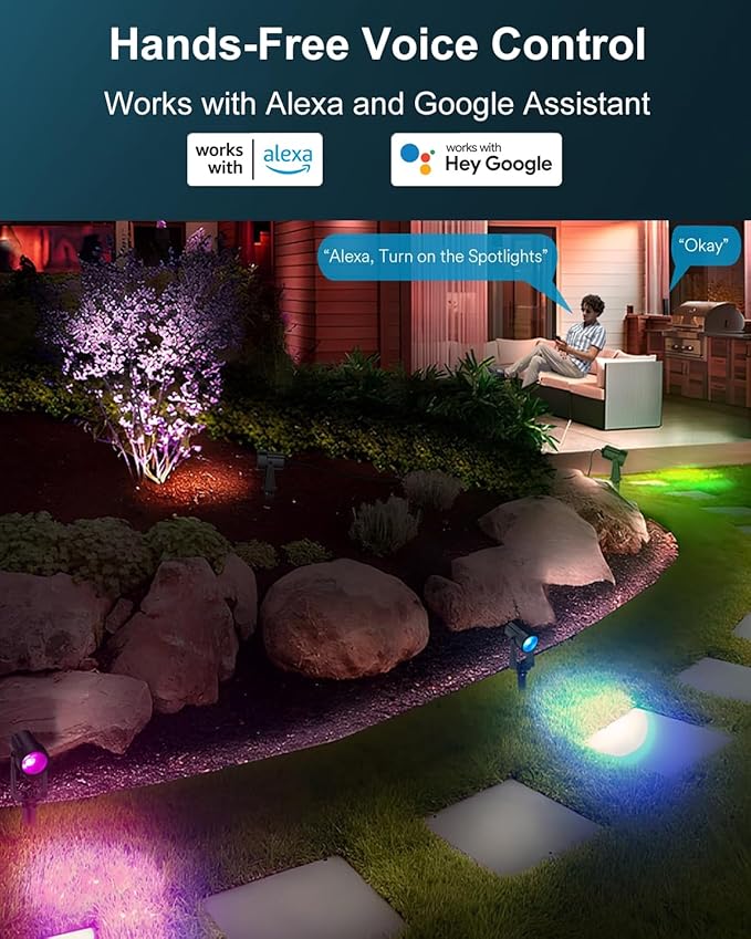Ligency Spotlight Outdoor Smart Low Voltage Landscape Lights, 6 Pack Outdoor Spot Lights IP65 Waterproof RGBW Color Changing Spotlights for Yard Garden, 54Ft