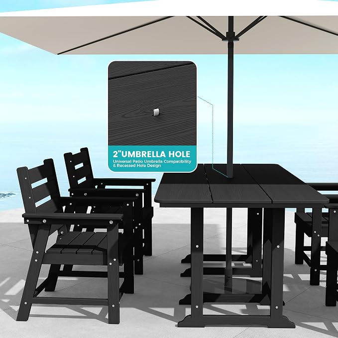 7-Piece Dining Set, HDPE Table & 6 Chairs, Black | HDPE Dining Set,67" Table+6 Chairs, 380 lbs, 304 Stainless, All-Weather,No Rust No Crack,Outdoor Patio Garden