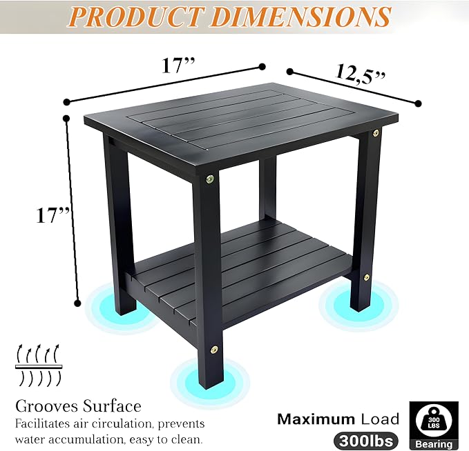 Small Acacia 16 Inches Outdoor Side Table Double Adirondack Side Table Sturdy Patio End Table Weather Resistant Wood End Tables for Garden, Backyard, Bed, Living Room, Couch