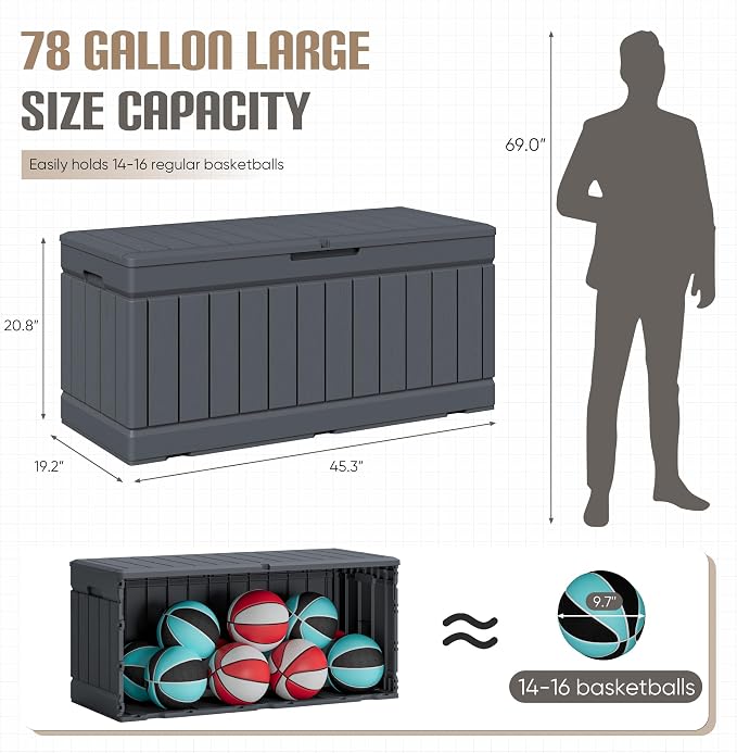 JUMMICO 78 Gallon Outdoor Deck Box Large Resin Storage Box for Patio Furniture Cushions, and Garden Tools (Gray)