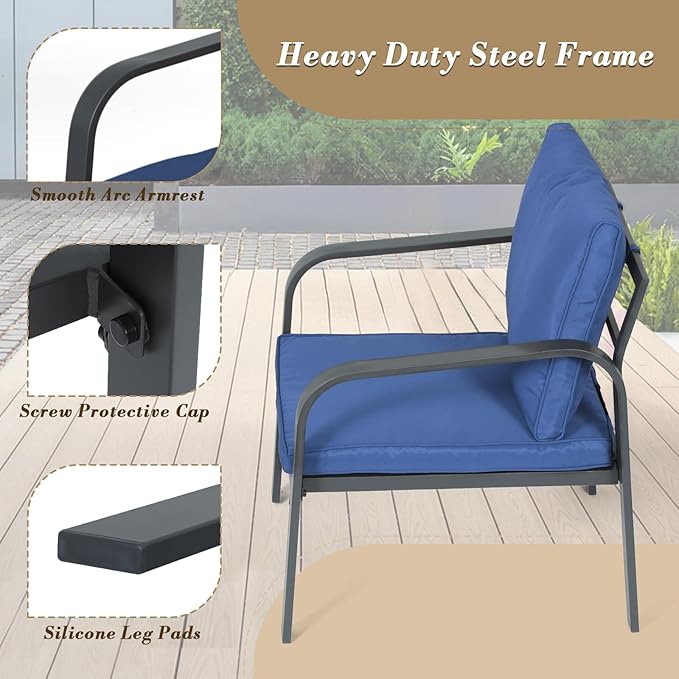 Athena Collection Patio Furniture Set 4 Pieces Outdoor Conversation Sets with Coffee Table & Cushions, All Weather Bistro Chairs Set for Balcony, Lawn, Garden, Poolside, Blue