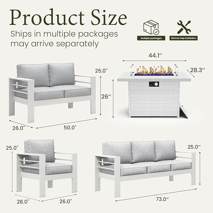 LayinSun Aluminum Furniture Set with Fire Pit Table, 5 Pieces Patio Sectional Conversation Chat Sofa Modern Seating Set