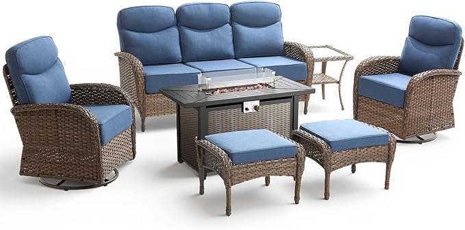 Luxury Patio Furniture Set with 42.5" Fire Pit Table, 6-Inch Thick Cushions Wicker Outdoor Furniture with Wicker Swivel Patio Chairs Set of 2, Patio Conversation Set for Deck Garden Porch, Blue