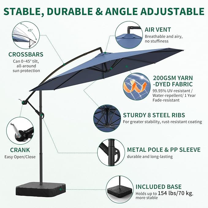 10FT Patio Umbrella with Base, Outdoor Umbrella Pool Umbrella Cantilever Umbrells - UV Protection, Easy Tilt & 360° Rotation for Poolside, Backyard & Garden
