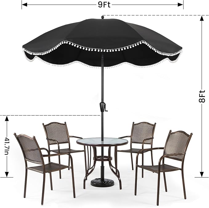 9' Patio Umbrella with Black Canopy and White Fringe Accents, Black Frame Market Umbrella for Patio, Deck, and Backyard by Sun-Ray