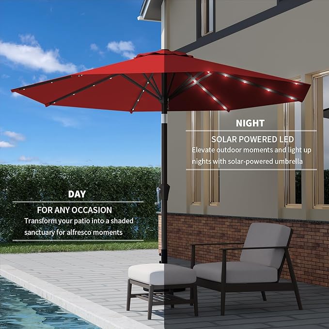 9FT Patio Umbrella with Solar Lights,Outdoor Market Umbrella with Tilt and Crank, LED Lighted Table Umbrella for Garden,Deck,Backyard,Pool,Beach (Red)