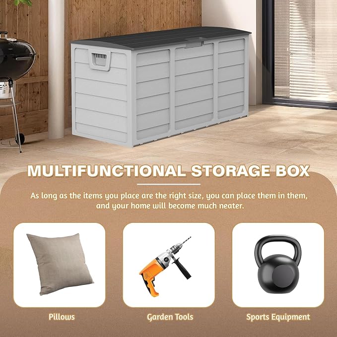 SUNCROWN 75 Gallon Deck Storage Box Resin Outdoor Storage Container with Handles for Patio Garden Yard Porch, Grey