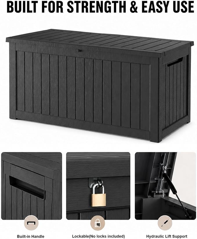 MAKINO 274 Gallon Large Waterproof Deck Box, Heavy Duty Resin Outdoor Storage Box, Outside Storage Bench with Hydraulic Rod for Patio/Furniture Cushions/Garden Tools/Backyard/Pool Accessories, Black