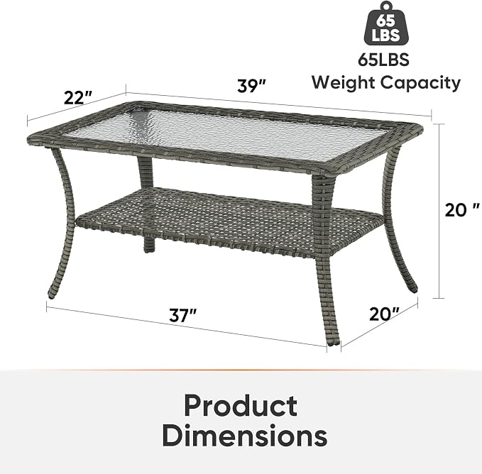 Outdoor Coffee Table - Patio Rattan Wicker Coffee Table with Tempered Glass Top and 2-Tier Storage Outdoor Table for Deck Porch Balcony Garden - Grey