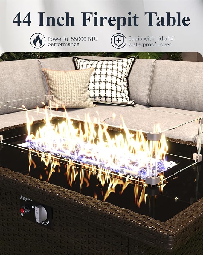 LayinSun 10-Piece Outdoor Modular Wicker Sectional Sofa with Fire Pit Table, Patio Furniture Conversation Set with Deep Seating and Thick Cushions