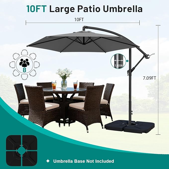AreShark 10FT Patio Outdoor Umbrella, Offset Patio Umbrella Cantilever Umbrella, 6 Sturdy Ribs, Easy Adjustment for Garden Market Pool with Cross Base (Gray)